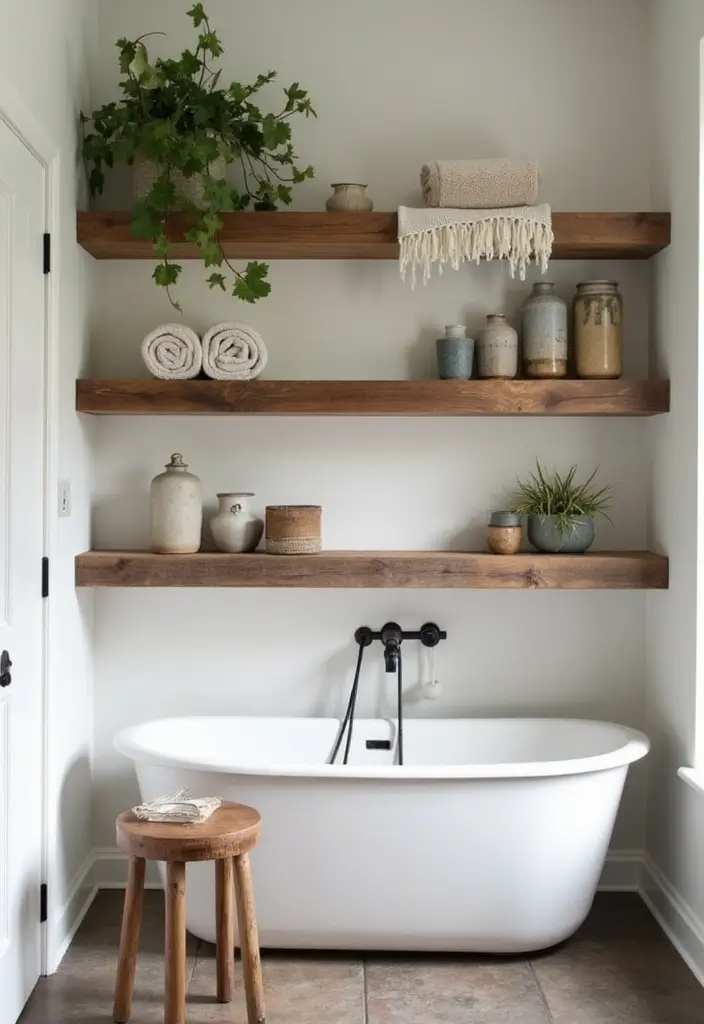 29 Modern Western Bathroom Designs With Rustic Charm - 5. Open Shelving with Rustic Touches