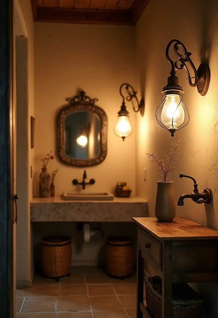 29 Modern Western Bathroom Designs With Rustic Charm - 6. Rustic Lighting Fixtures