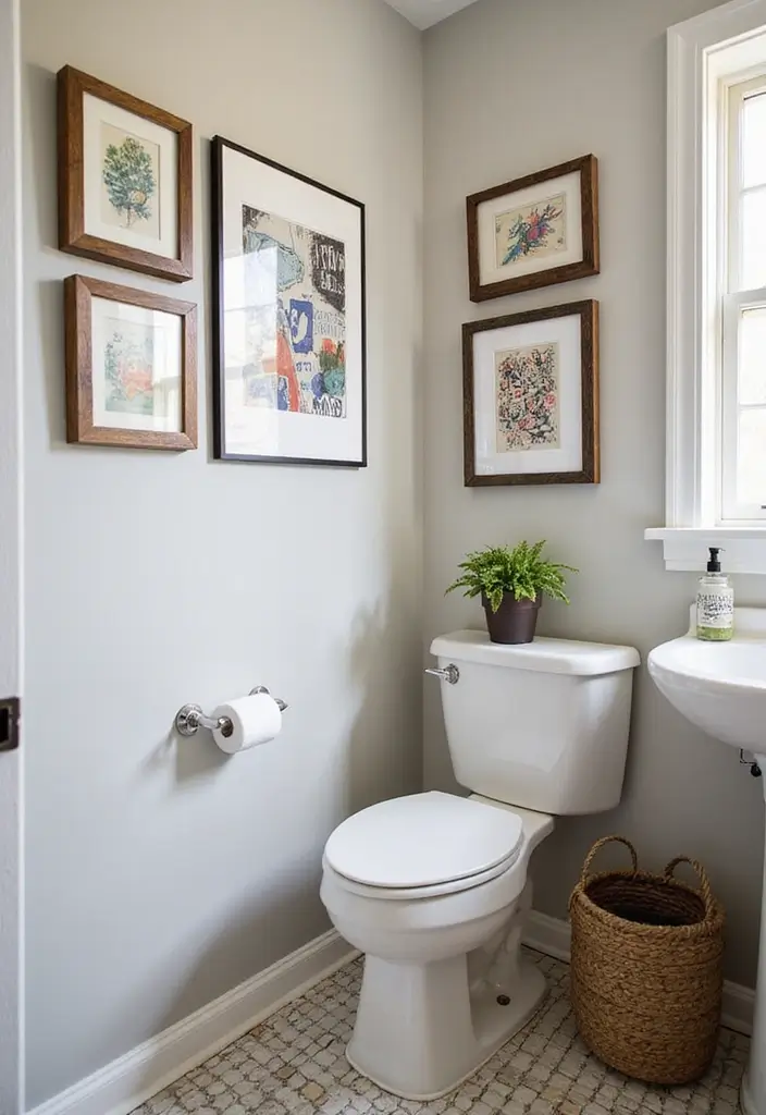 29 Powder Bathroom Ideas That Impress Guests - 23. Creative Wall Art