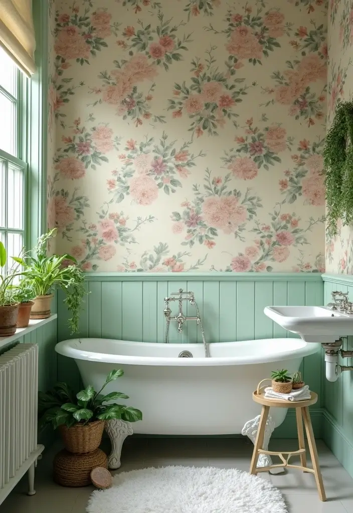29 Quirky Bathroom Ideas That Add Personality - 1. Vintage Floral Wallpaper