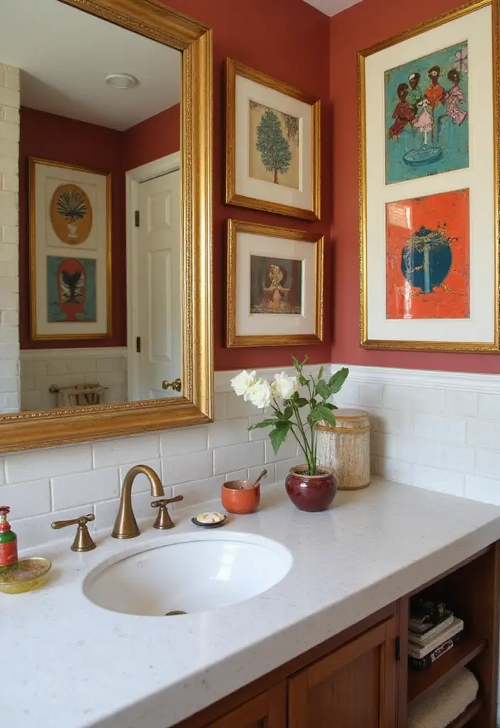 29 Quirky Bathroom Ideas That Add Personality - 20. Bold Framed Artwork