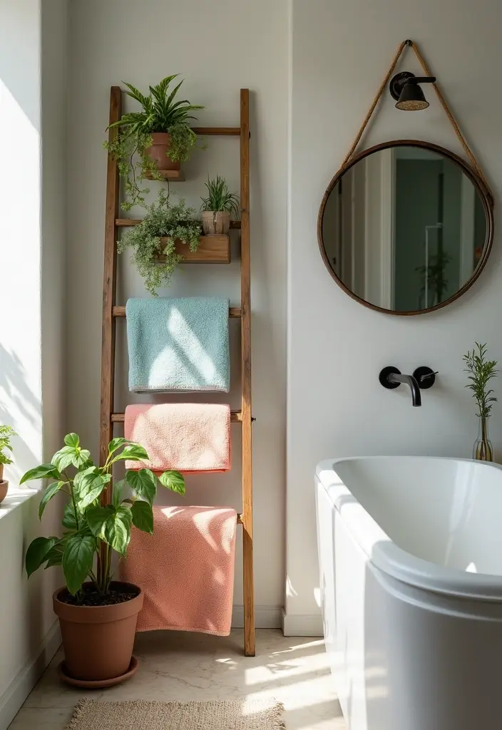 29 Quirky Bathroom Ideas That Add Personality - 22. Creative Ladder Shelves