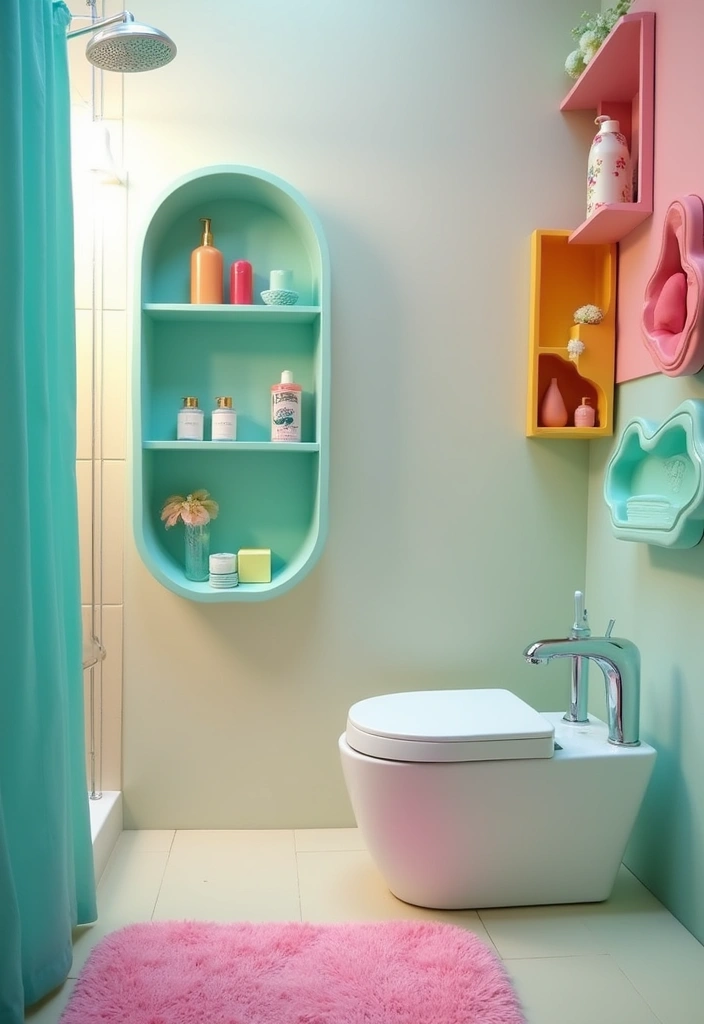 29 Quirky Bathroom Ideas That Add Personality - 27. Quirky Shower Shelves