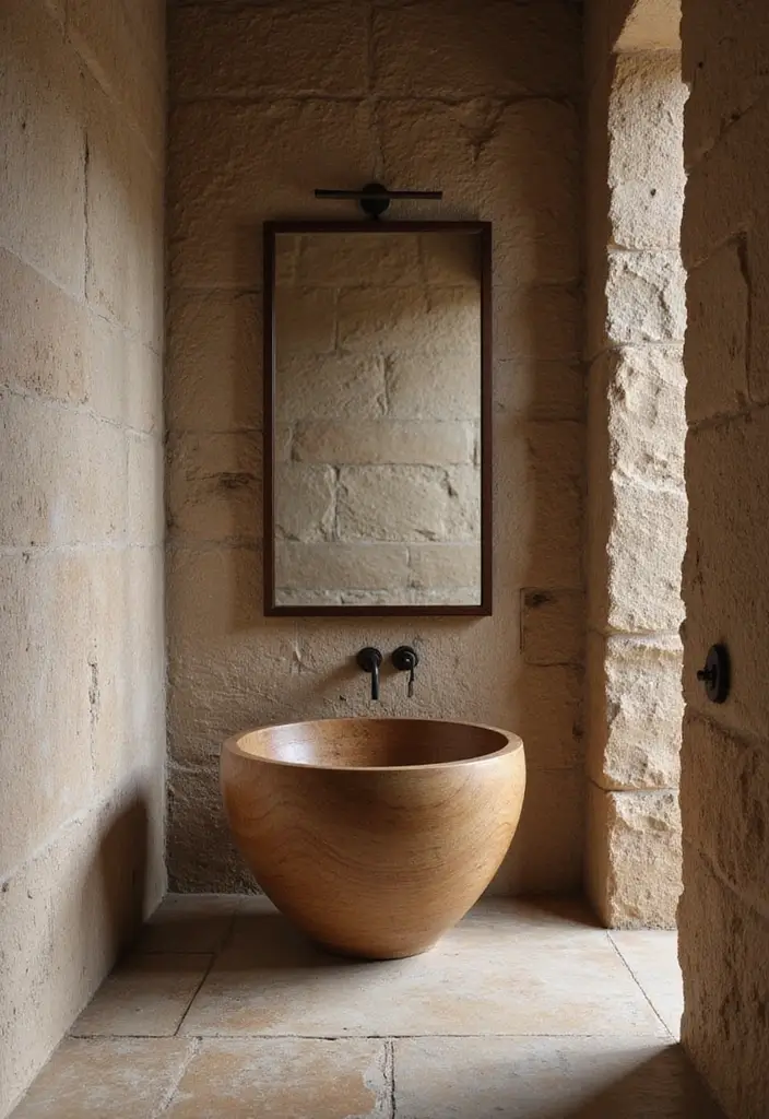 29 Rustic Bathroom Sink Ideas With Natural Charm - 10. Rustic Wooden Bowl Sink