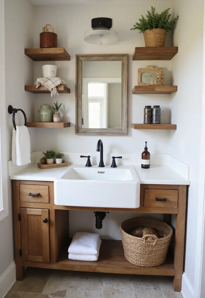29 Rustic Bathroom Sink Ideas With Natural Charm - 13. Farmhouse Sink with Open Shelving