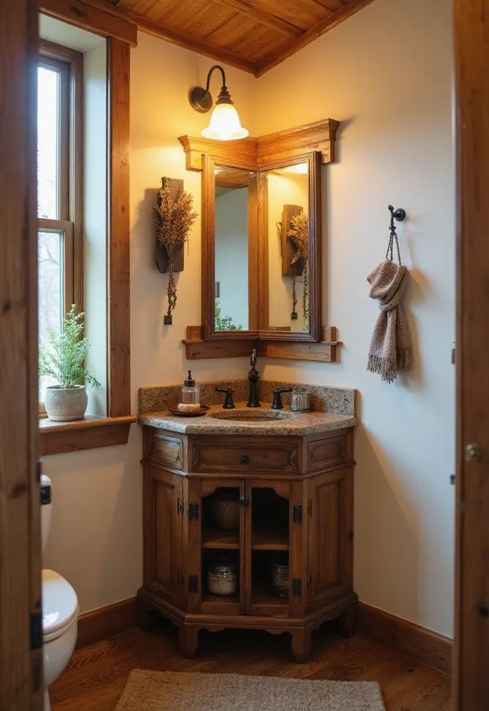 29 Rustic Bathroom Sink Ideas With Natural Charm - 19. Rustic Corner Sink