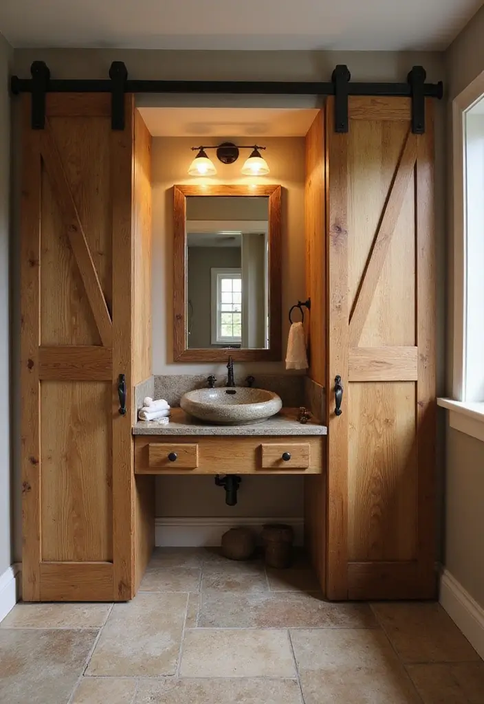 29 Rustic Bathroom Sink Ideas With Natural Charm - 2. Barn Door Sink Enclosure