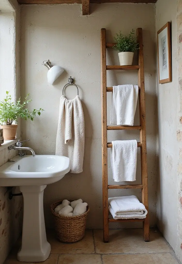 29 Rustic Bathroom Sink Ideas With Natural Charm - 20. Rustic Sink with Vintage Ladder Storage