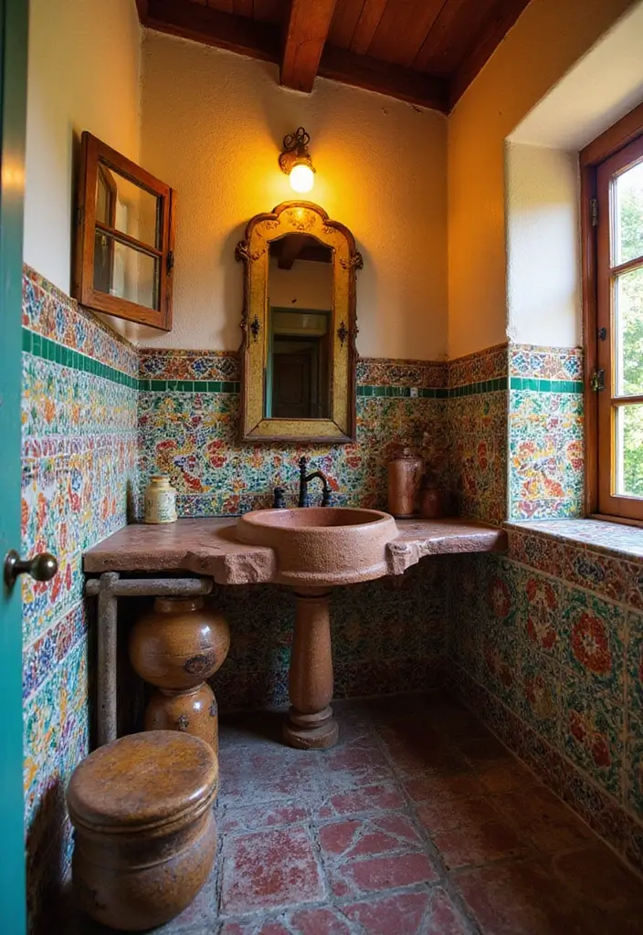 29 Rustic Bathroom Sink Ideas With Natural Charm - 22. Rustic Basin Sink with Decorative Tiles
