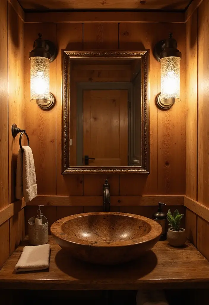 29 Rustic Bathroom Sink Ideas With Natural Charm - 24. Rustic Sink with Light Fixtures