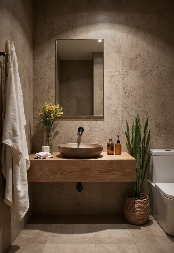 29 Rustic Bathroom Sink Ideas With Natural Charm - 25. Rustic Sink with Textured Wallpaper