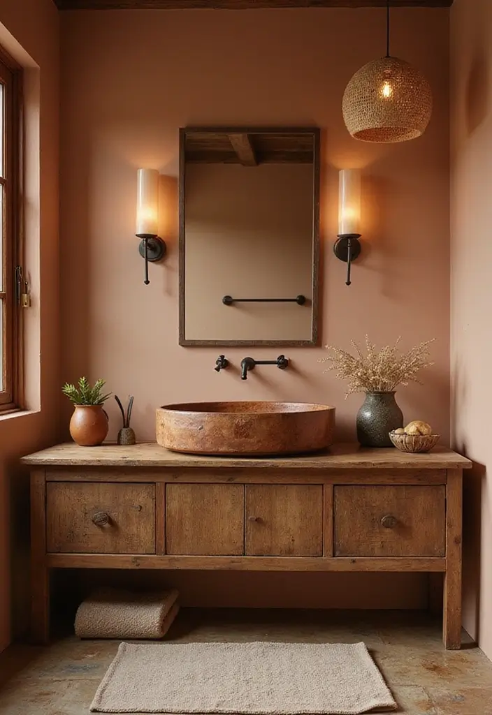 29 Rustic Bathroom Sink Ideas With Natural Charm - 27. Rustic Sink with Warm Color Palette