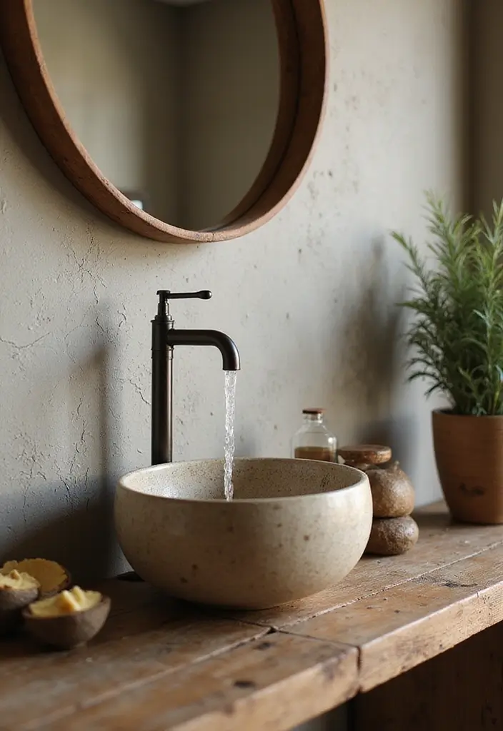 29 Rustic Bathroom Sink Ideas With Natural Charm - 29. Rustic Sink with Waterfall Faucet