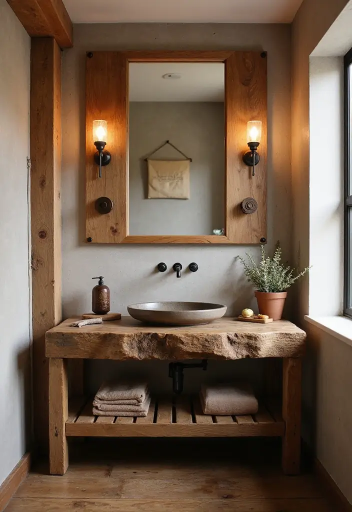 29 Rustic Bathroom Sink Ideas With Natural Charm - 6. Wood-Frame Sink with Vintage Fixtures