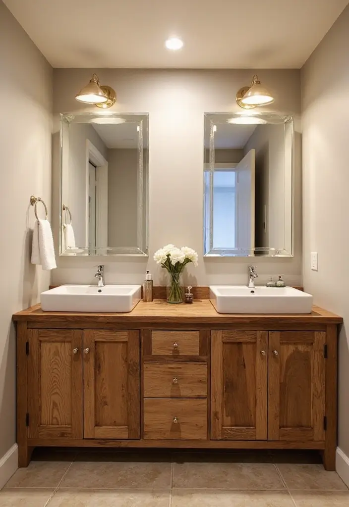 29 Rustic Bathroom Sink Ideas With Natural Charm - 7. Double Sink Reclaimed Wood Vanity