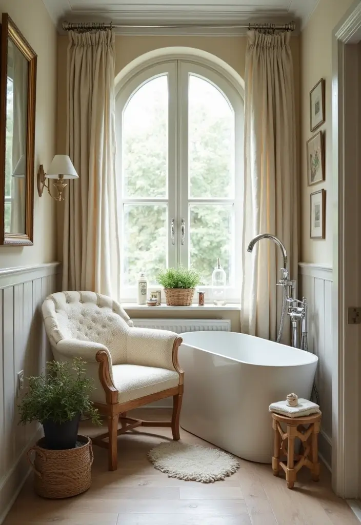 29 Simple Guest Bathroom Ideas That Feel Inviting - 24. Create a Cozy Sitting Area