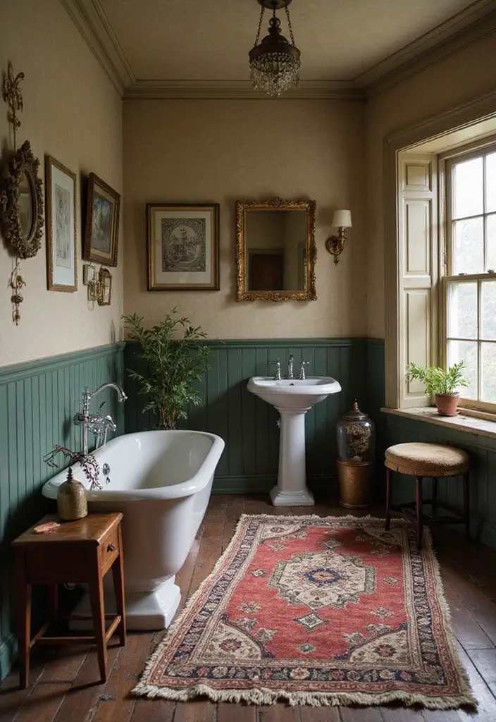 29 Small Bathroom Rug Ideas That Add Texture - 13. Vintage Rugs