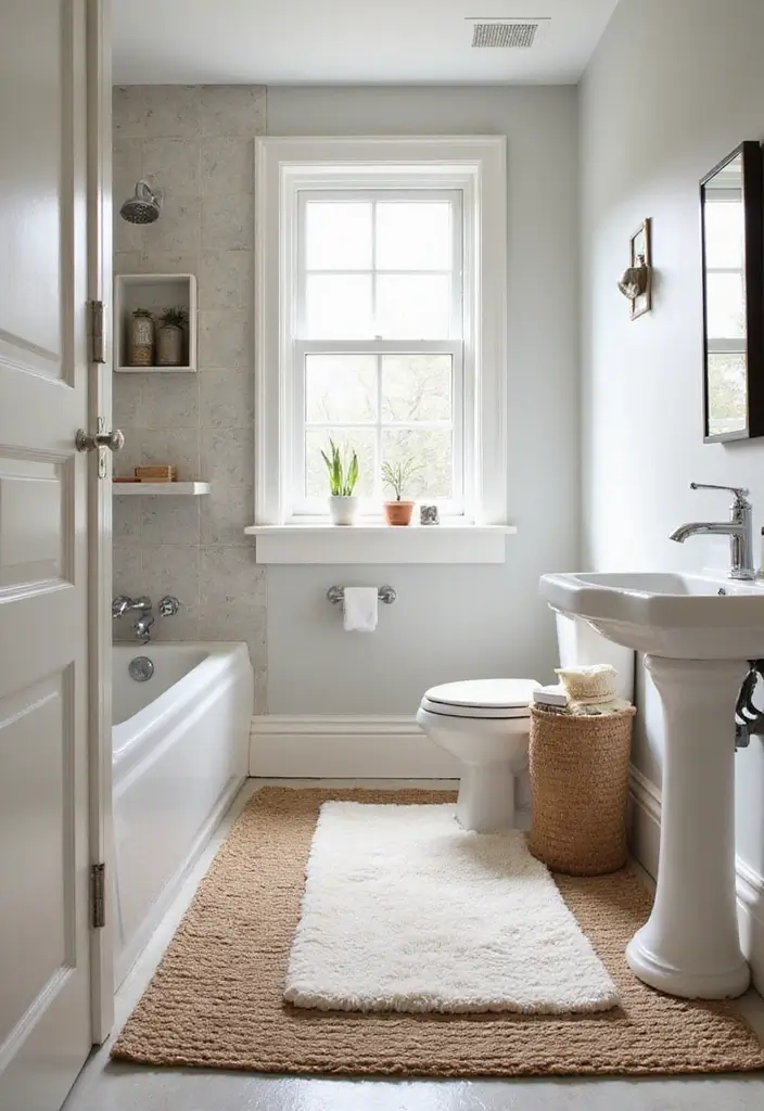 29 Small Bathroom Rug Ideas That Add Texture - 15. Layered Rugs