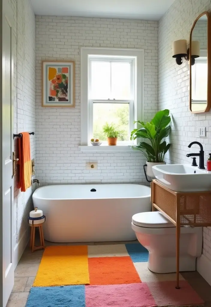 29 Small Bathroom Rug Ideas That Add Texture - 24. Color Block Rugs