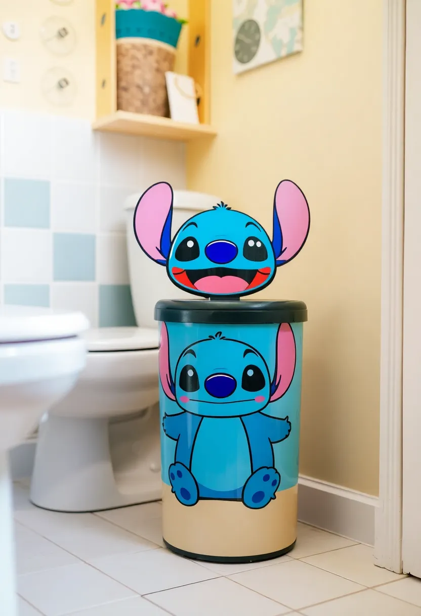 29 Stitch Bathroom Ideas That Are Cute And Playful - 10. Stitch-Themed Trash Can