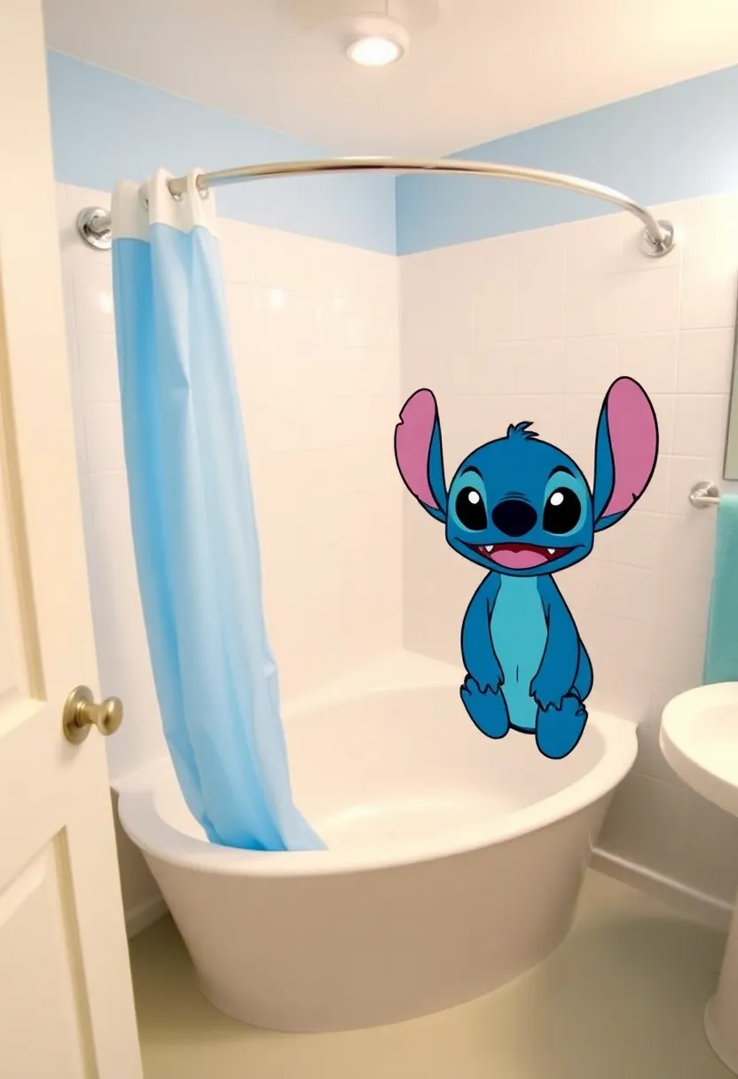 29 Stitch Bathroom Ideas That Are Cute And Playful - 26. Stitch-Themed Bath Screen