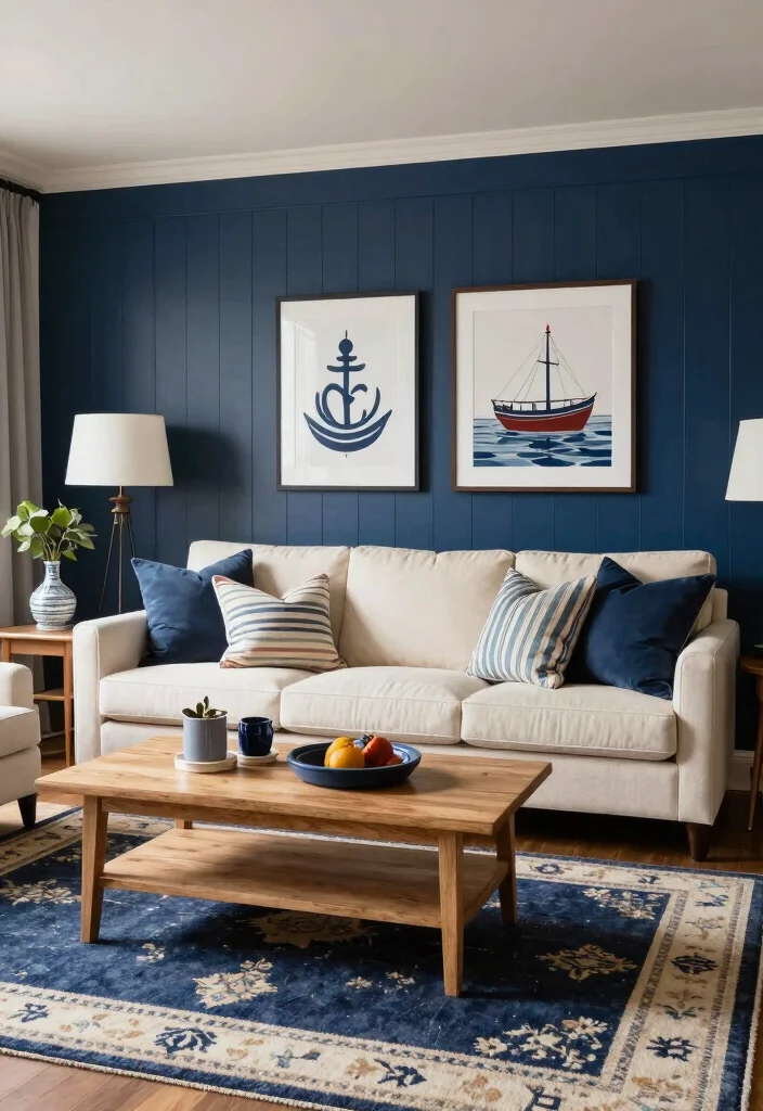 15 Beadboard Half Wall Living Room Ideas Classic Cottage Charm - 2. Bold Navy Contrast 1