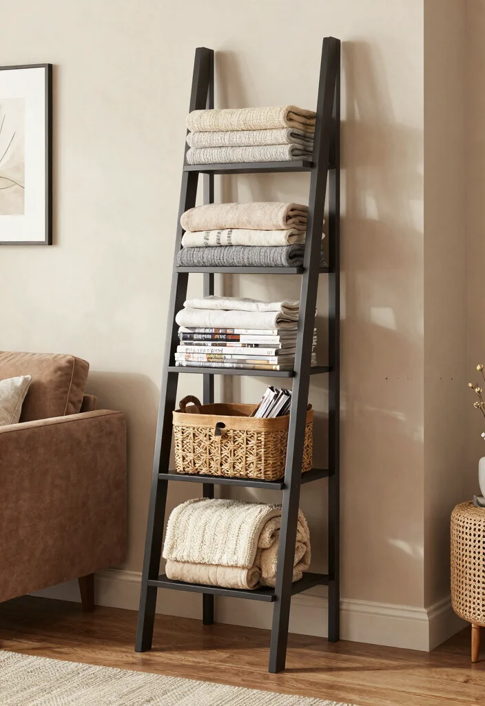 15 Blanket Ladder Decor Living Room Ideas for a Casual Cozy Accent - 10. Functional Storage 1
