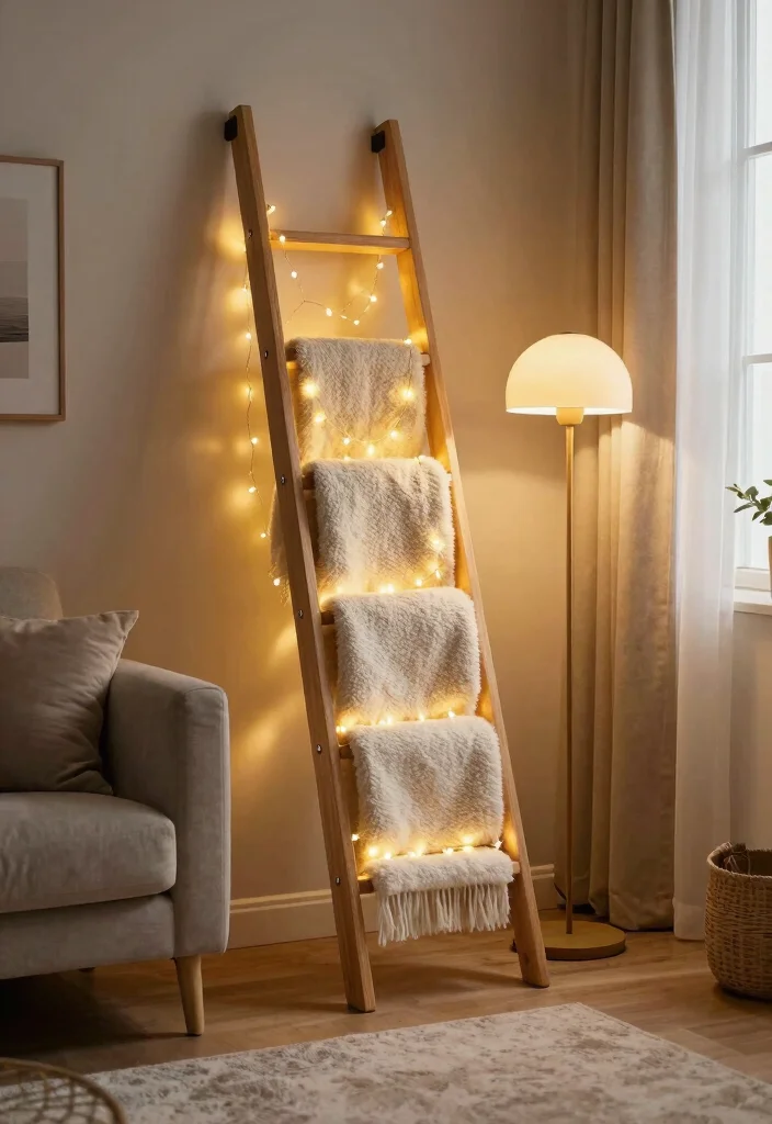 15 Blanket Ladder Decor Living Room Ideas for a Casual Cozy Accent - 11. Ladder and Lighting 1