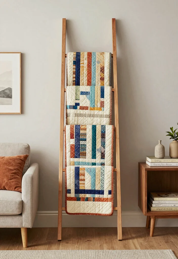 15 Blanket Ladder Decor Living Room Ideas for a Casual Cozy Accent - 12. Artistic Display 1