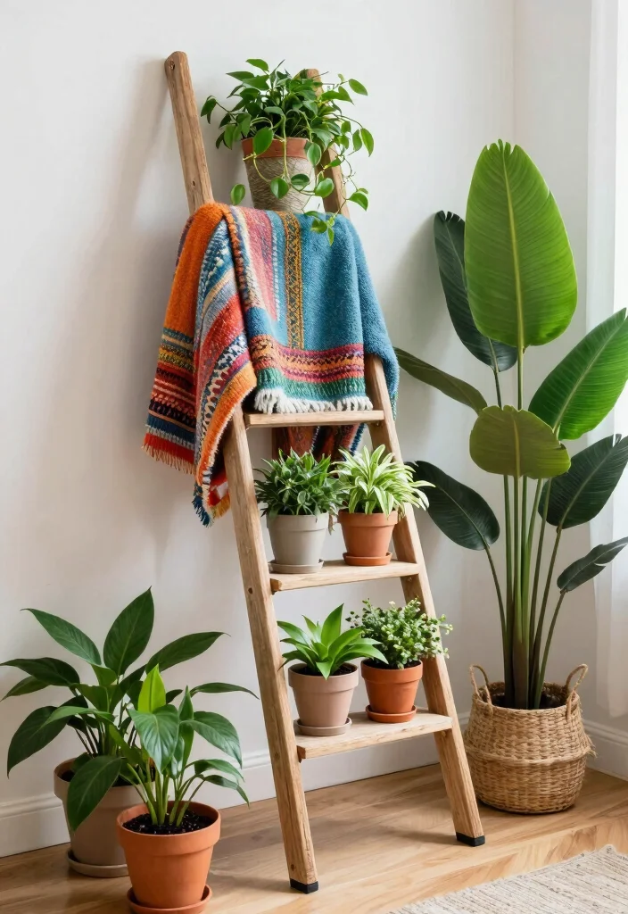 15 Blanket Ladder Decor Living Room Ideas for a Casual Cozy Accent - 13. Ladder and Plants 1