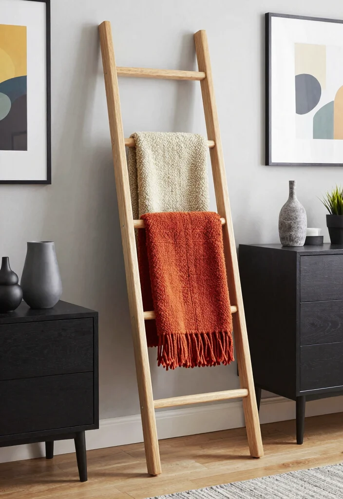 15 Blanket Ladder Decor Living Room Ideas for a Casual Cozy Accent - 14. Contrast and Complement 1