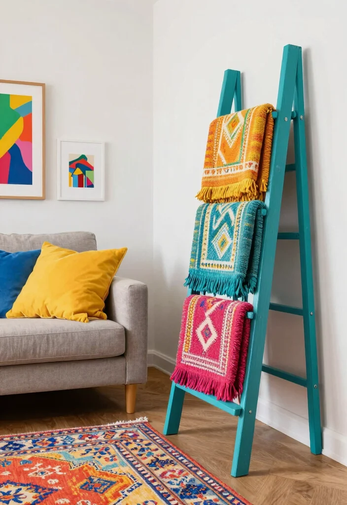 15 Blanket Ladder Decor Living Room Ideas for a Casual Cozy Accent - 2. Colorful Layering 1