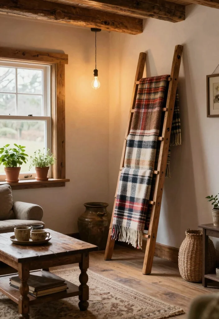 15 Blanket Ladder Decor Living Room Ideas for a Casual Cozy Accent - 3. Rustic Farmhouse Vibes 1