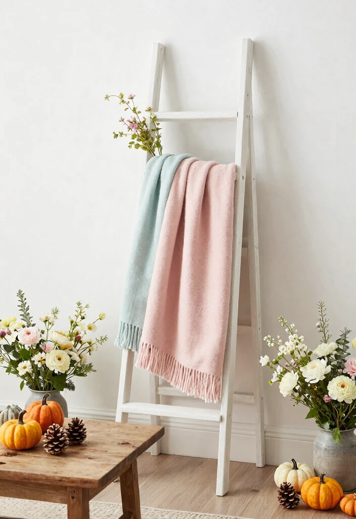 15 Blanket Ladder Decor Living Room Ideas for a Casual Cozy Accent - 4. Seasonal Switches 1