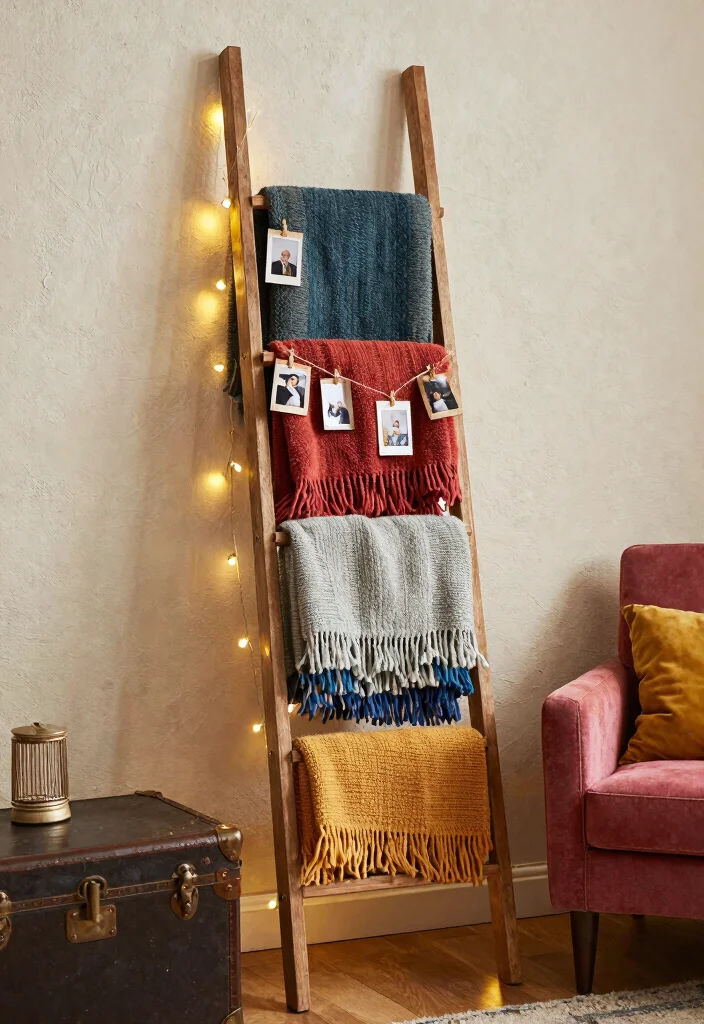 15 Blanket Ladder Decor Living Room Ideas for a Casual Cozy Accent - 5. Ladder as a Gallery 1