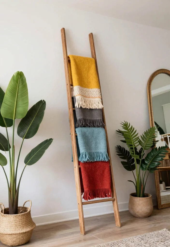 15 Blanket Ladder Decor Living Room Ideas for a Casual Cozy Accent - 6. High and Mighty 1