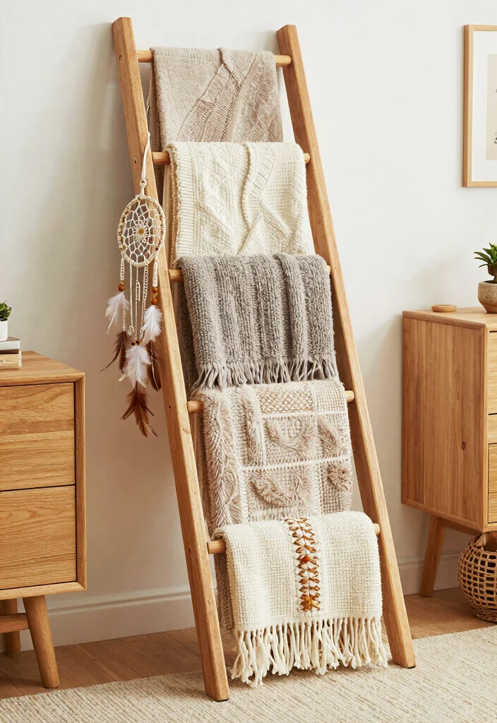 15 Blanket Ladder Decor Living Room Ideas for a Casual Cozy Accent - 8. Textured Tapestry 1