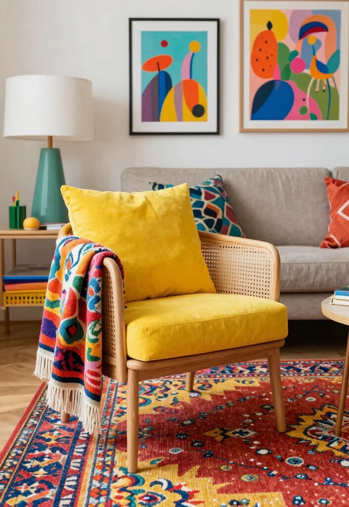 15 Cane Chairs Living Room Ideas for a Natural Airy Style - 10. Color Pop with Bright Accents 1