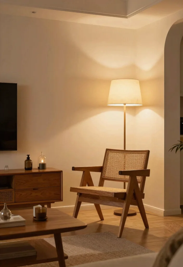15 Cane Chairs Living Room Ideas for a Natural Airy Style - 12. Layered Lighting for Ambiance 1