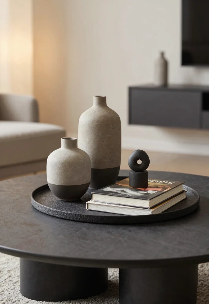 15 Dark Gray Walls Living Room Ideas Moody Modern Style - 10. Curated Accessories 1