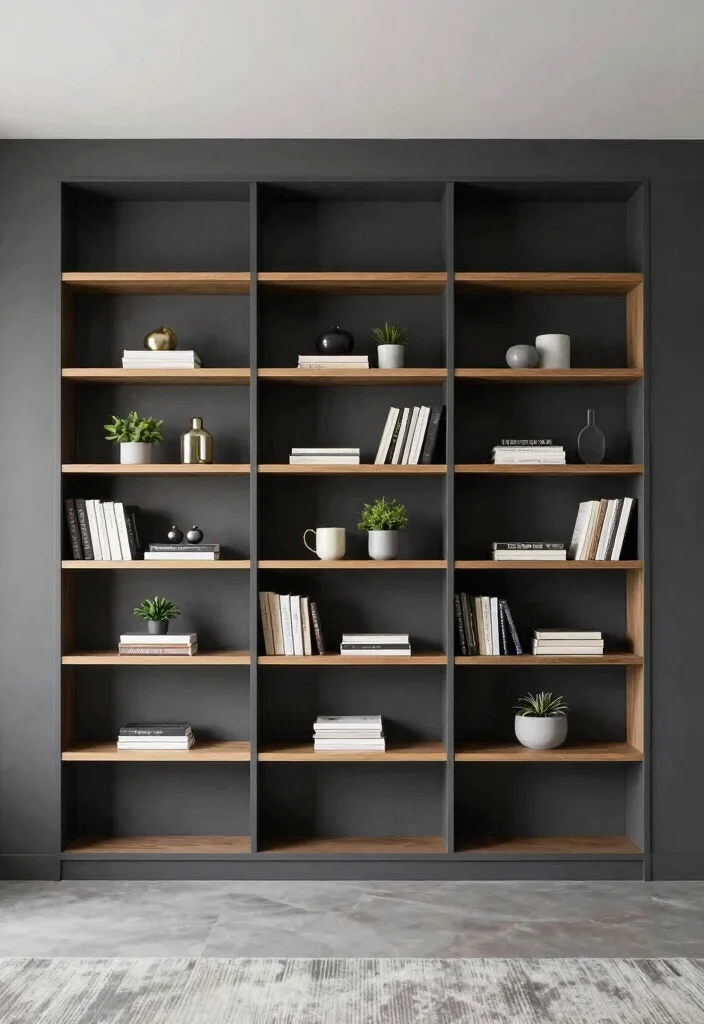 15 Dark Gray Walls Living Room Ideas Moody Modern Style - 12. Minimalist Built-in Shelving 1