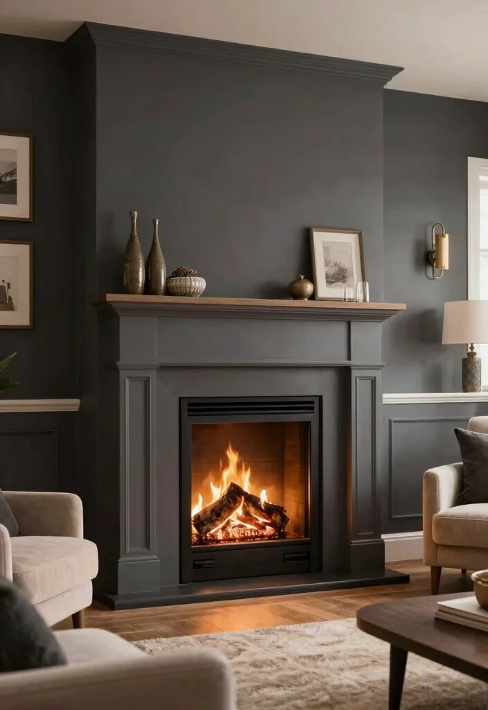 15 Dark Gray Walls Living Room Ideas Moody Modern Style - 14. Cozy Fireplace Feature 1