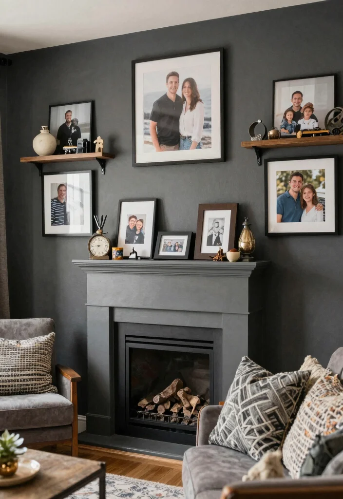 15 Dark Gray Walls Living Room Ideas Moody Modern Style - 15. Personal Touches 1