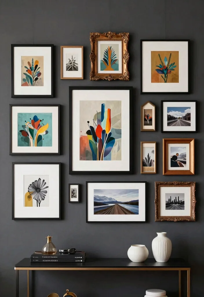 15 Dark Gray Walls Living Room Ideas Moody Modern Style - 2. Gallery Wall of Art 1