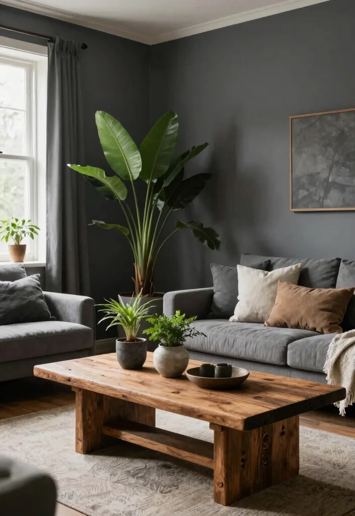 15 Dark Gray Walls Living Room Ideas Moody Modern Style - 6. Incorporate Natural Elements 1