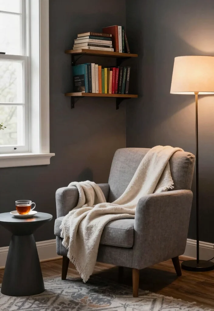 15 Dark Gray Walls Living Room Ideas Moody Modern Style - 8. Cozy Reading Nook 1