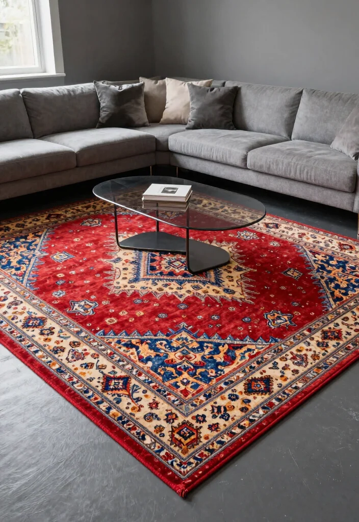 15 Dark Gray Walls Living Room Ideas Moody Modern Style - 9. Statement Rugs 1