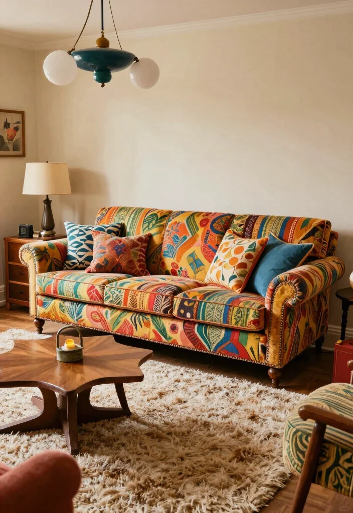 15 English Roll Arm Sofa Living Room Ideas: Classic Comfort - 12. Retro Revival with Funky Patterns 1