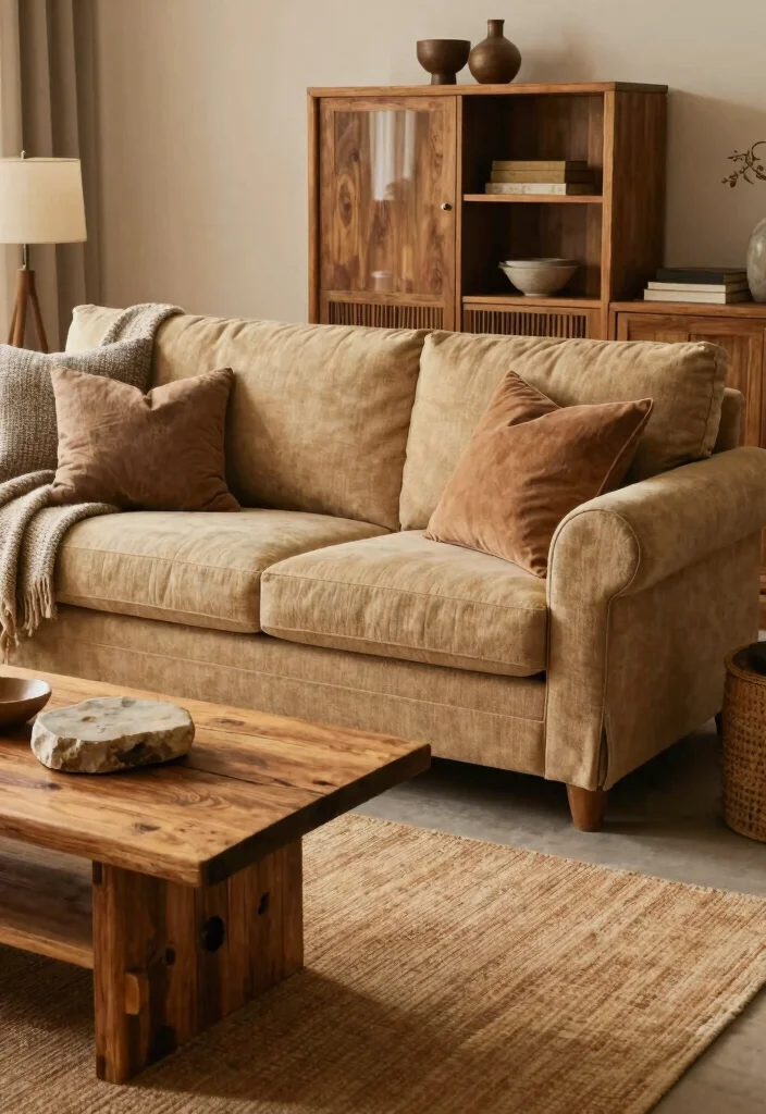15 English Roll Arm Sofa Living Room Ideas: Classic Comfort - 14. Warm Woods and Earthy Tones 1