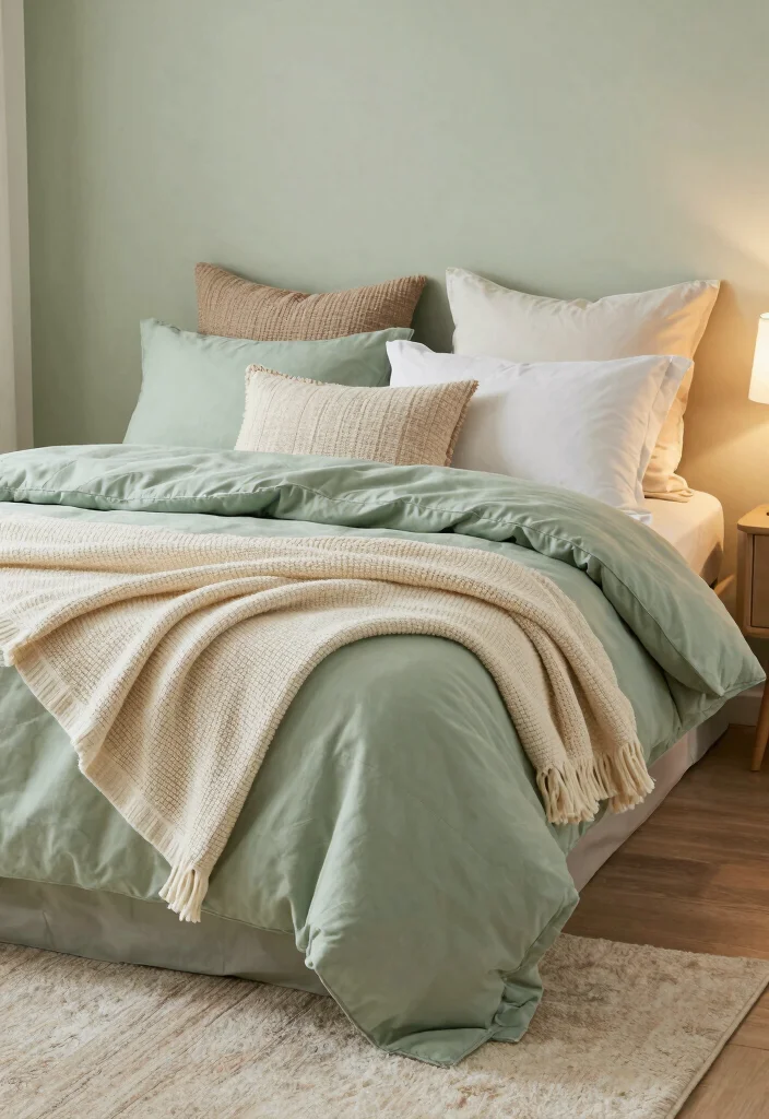 15 Light Sage Green Bedroom Ideas for an Airy, Peaceful Look - 1. Layered Textiles for Cozy Comfort 1